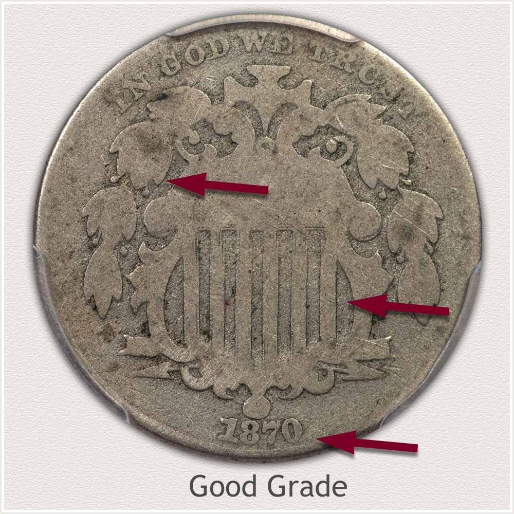 Magnified Obverse View of a Professionally Graded Good Condition Shield Nickel