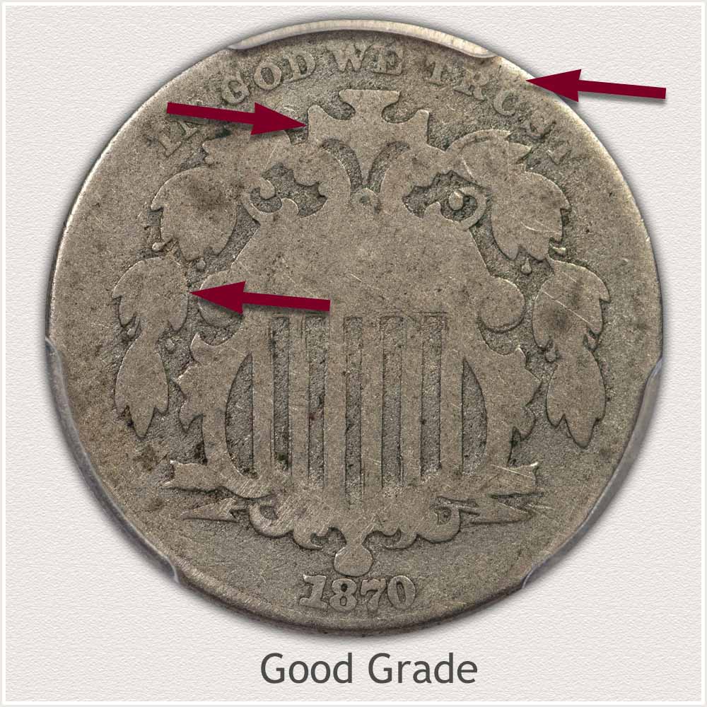 Obverse View of a Shield Nickel in Good Grade Condition