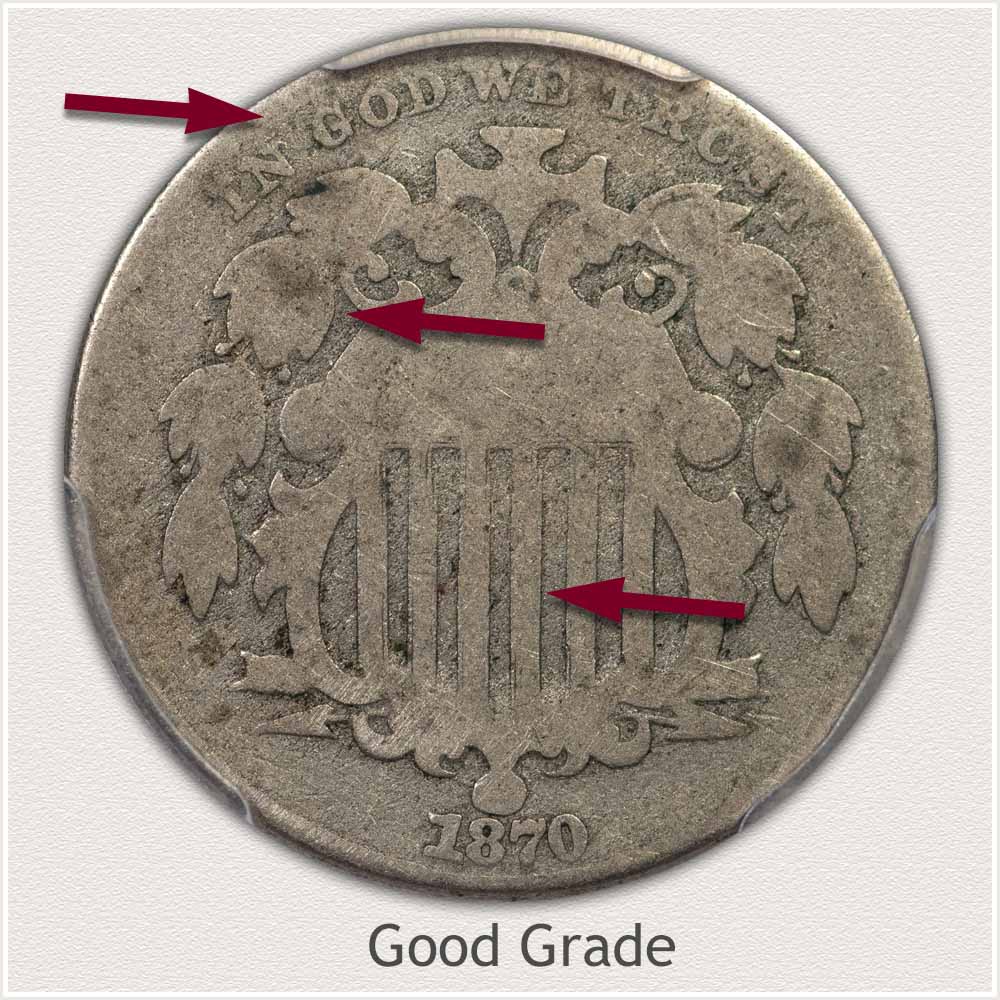Magnified Obverse View of a Professionally Graded Good Condition Shield Nickel