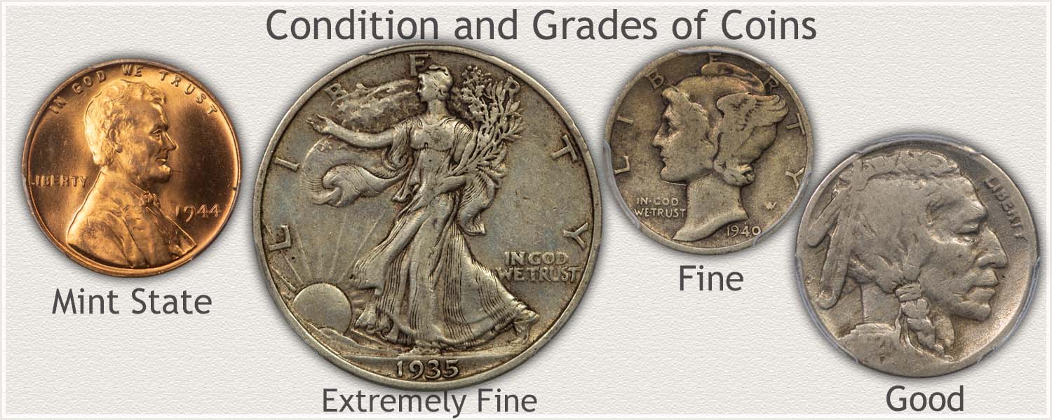 Coins Representing Grades: Mint State, Extremely Fine, Fine, and Good Grades