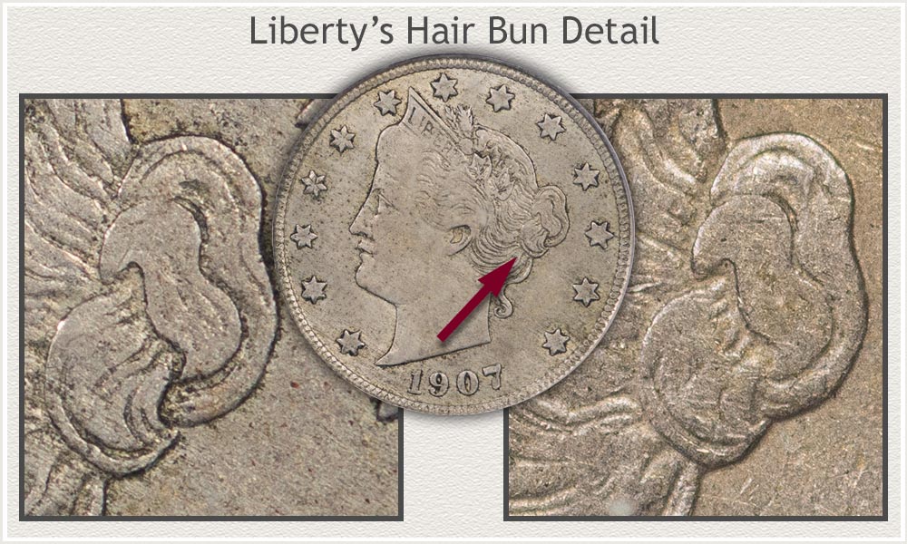 Visual Difference of Wear on Liberty's Hair Bun Detail