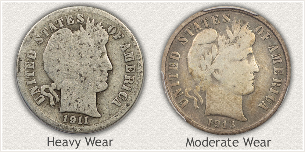 Heavily Worn and Fine Condition Barber Dimes