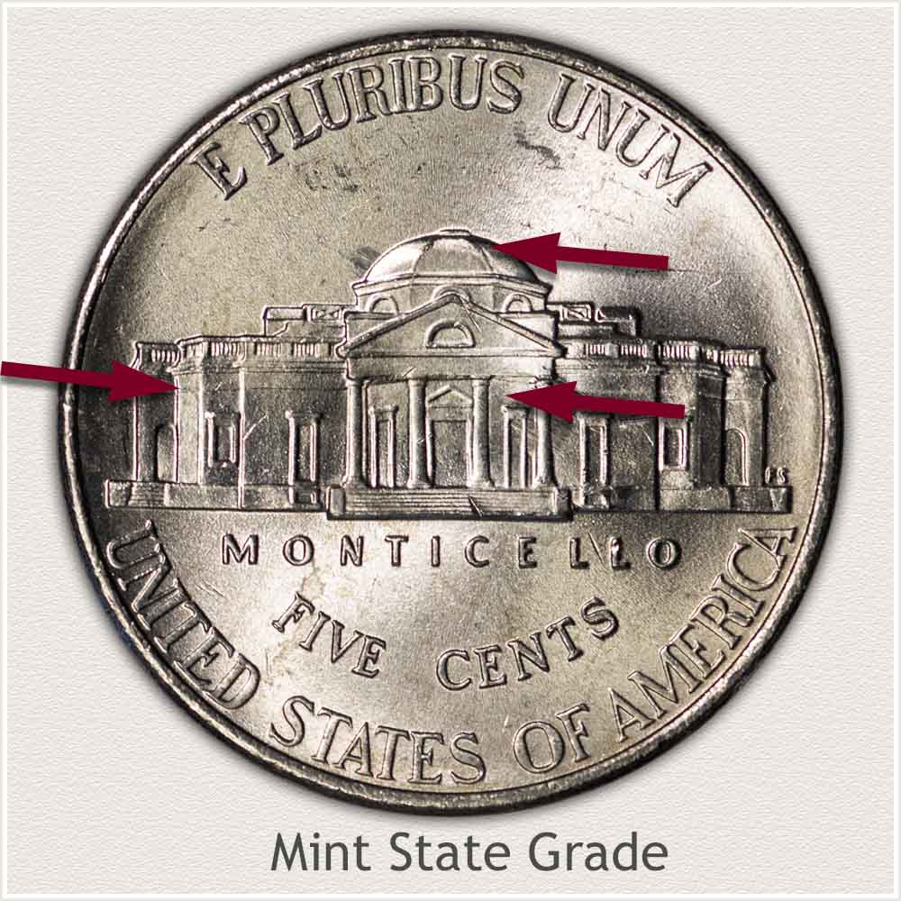 Reverse View: Mint State Grade Modern Jefferson Nickel