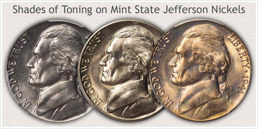 Three Mint State Nickels Displaying Shades of Toning
