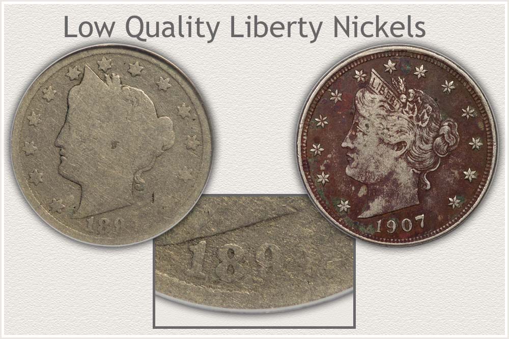 Examples of Low Condition Liberty Nickels