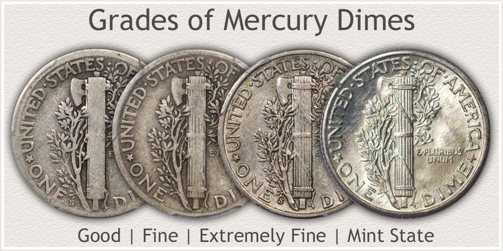 Reverse of Mercury Dimes in Good, Fine, Extremely Fine, and Mint State Condition
