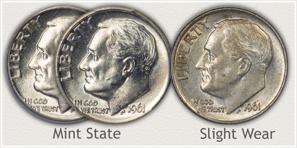 Reverse of Roosevelt Dimes in Mint State and AU Condition