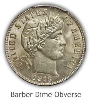 Mint State Barber Dime Obverse