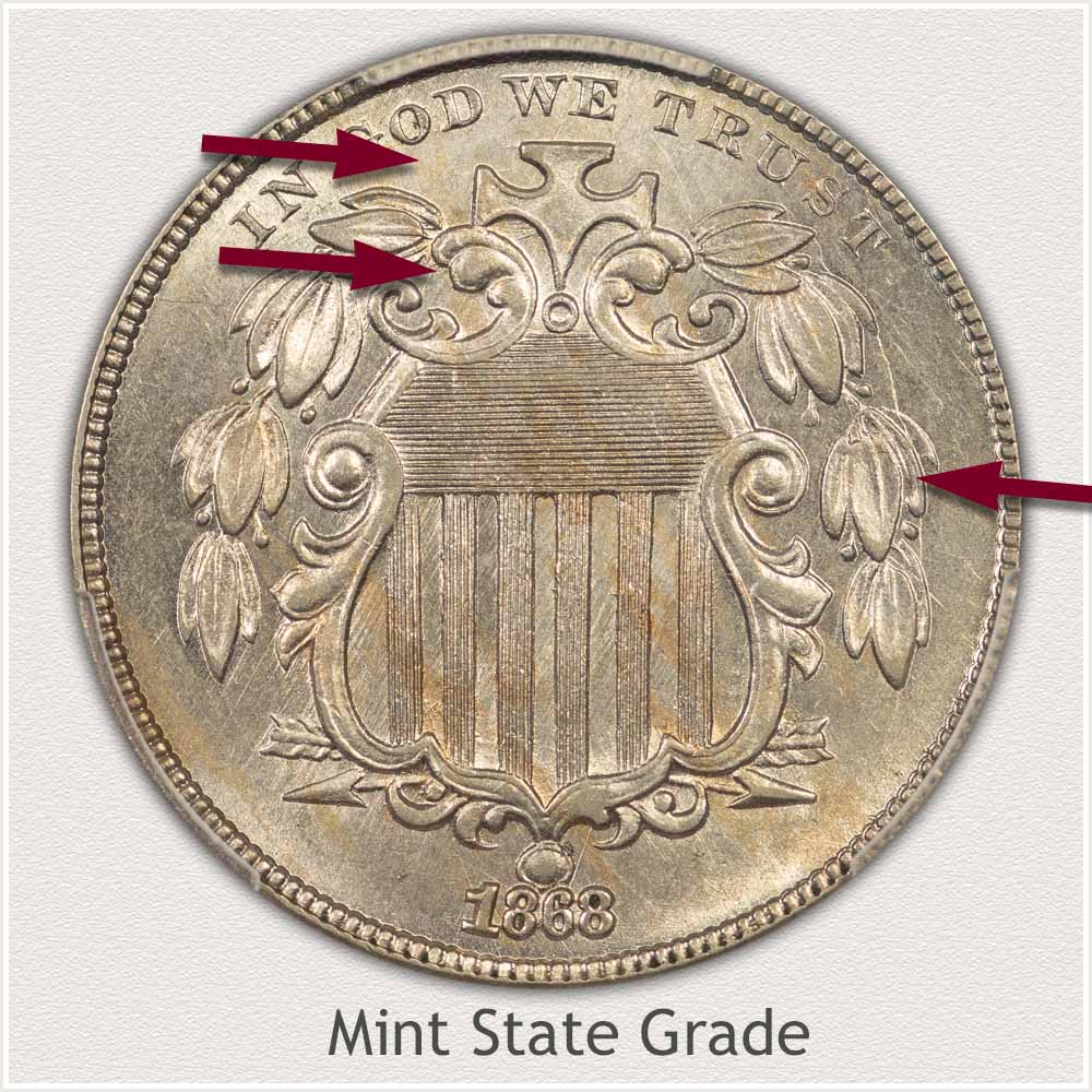 Large Obverse View of a Shield Nickel in Mint State Grade