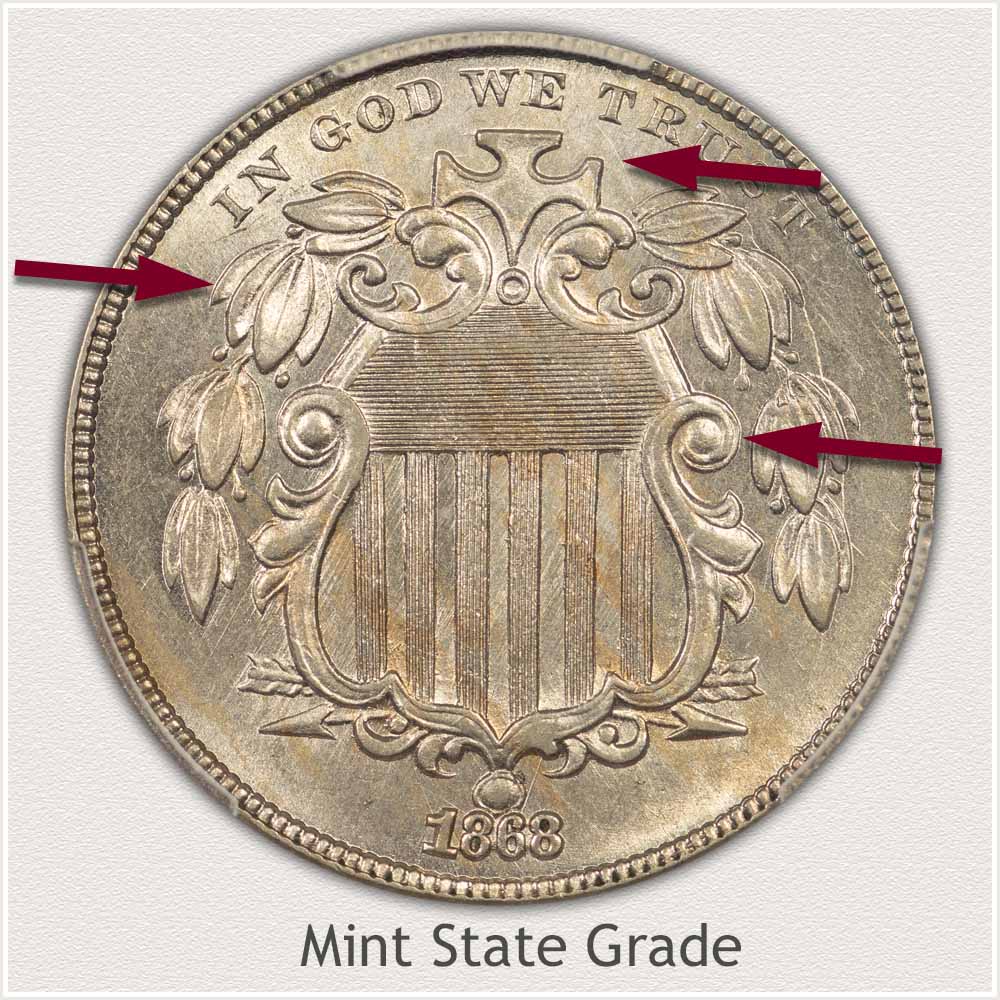 Large Obverse View of a Shield Nickel in Mint State Grade