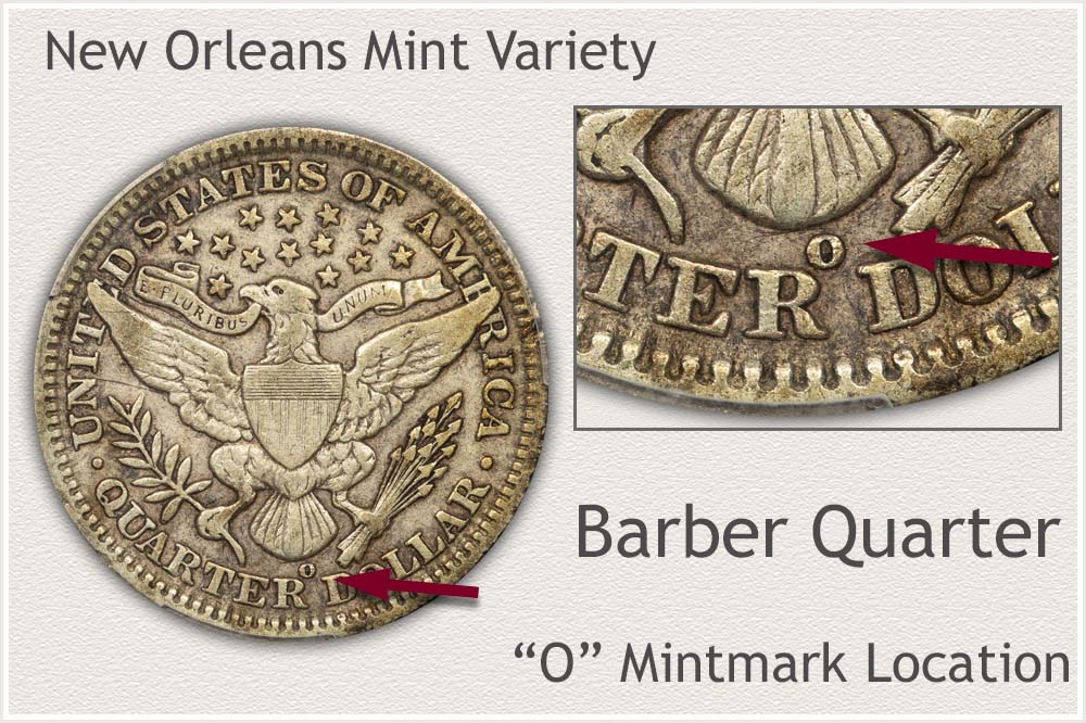 O Mintmark 1908 Barber Quarter