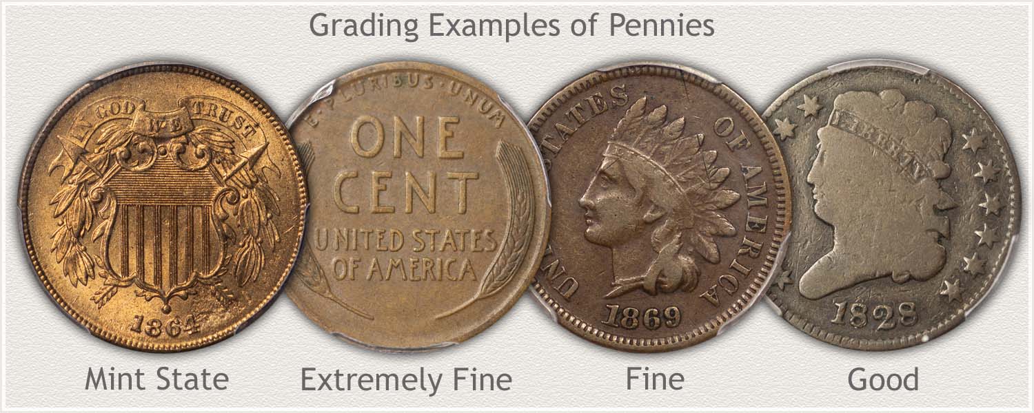 Pennies in Different Grades: Mint State, Extremely Fine, Fine, and Good Condition