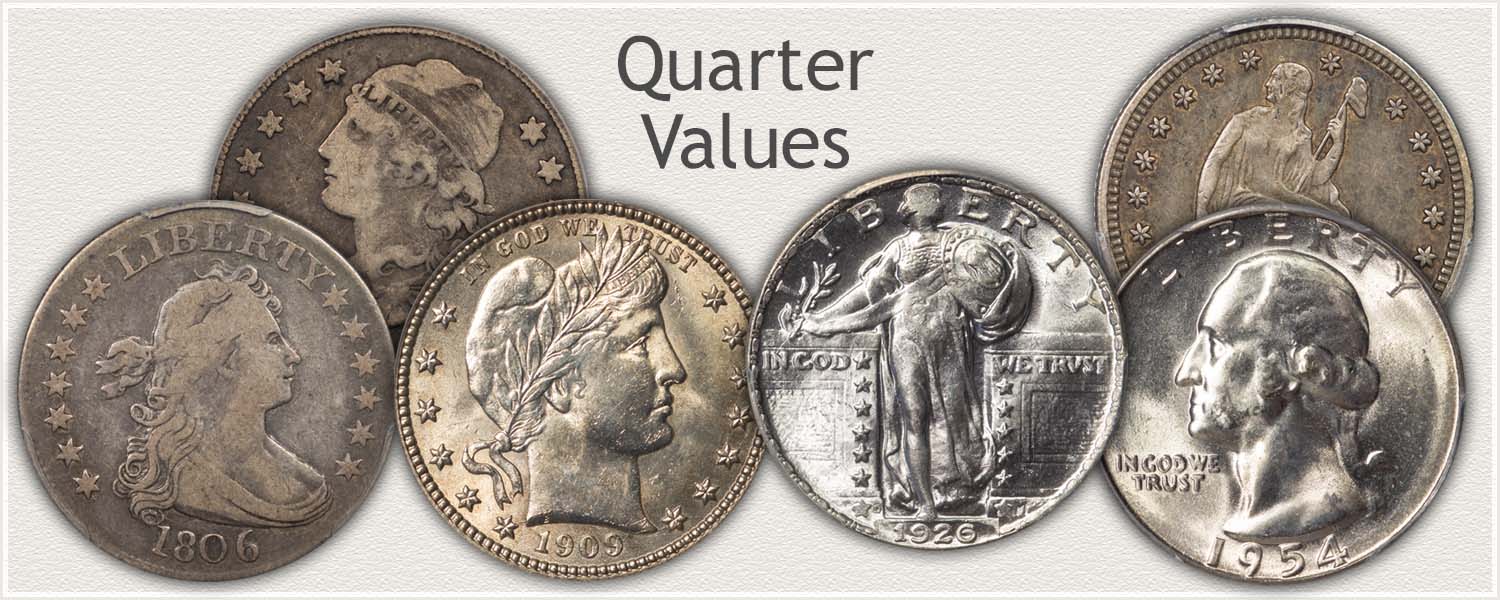 Examples of Quarter Series: Bust, Seated Liberty, Barber, Standing Liberty, and Washington Quarters