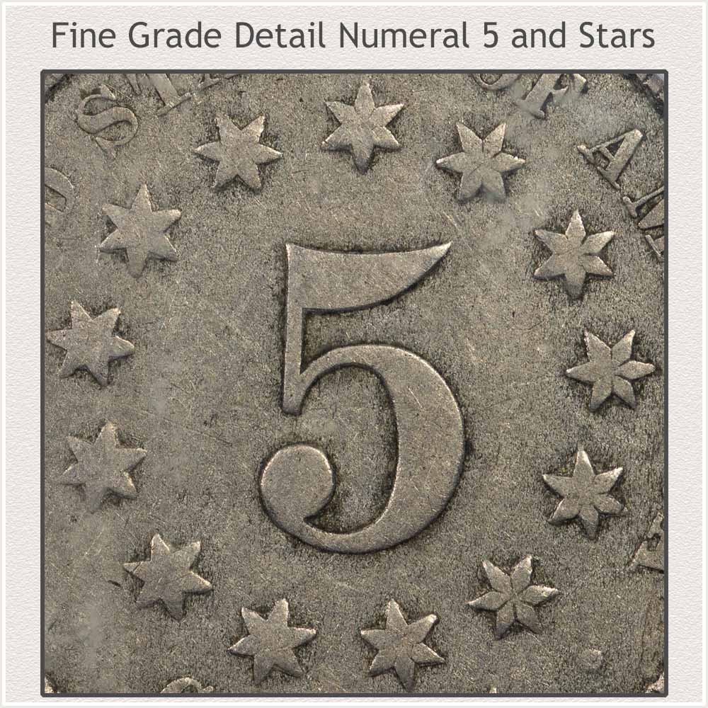 Close-Up of Stars and Numeral 5 on a Fine Grade Shield Nickel