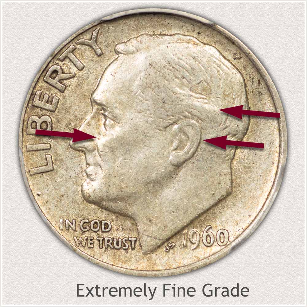 Obverse View: Extremely Fine Grade Roosevelt Dime