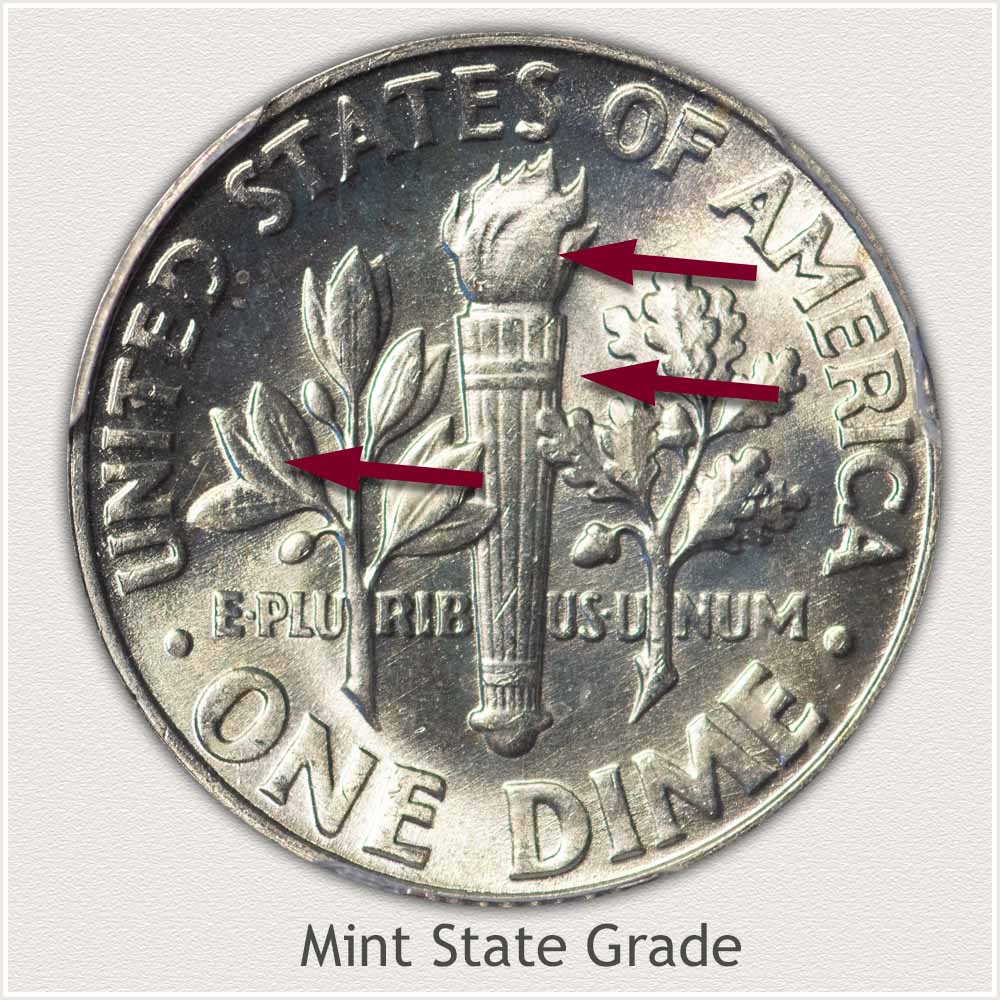 Reverse View: Mint State Grade Roosevelt Dime