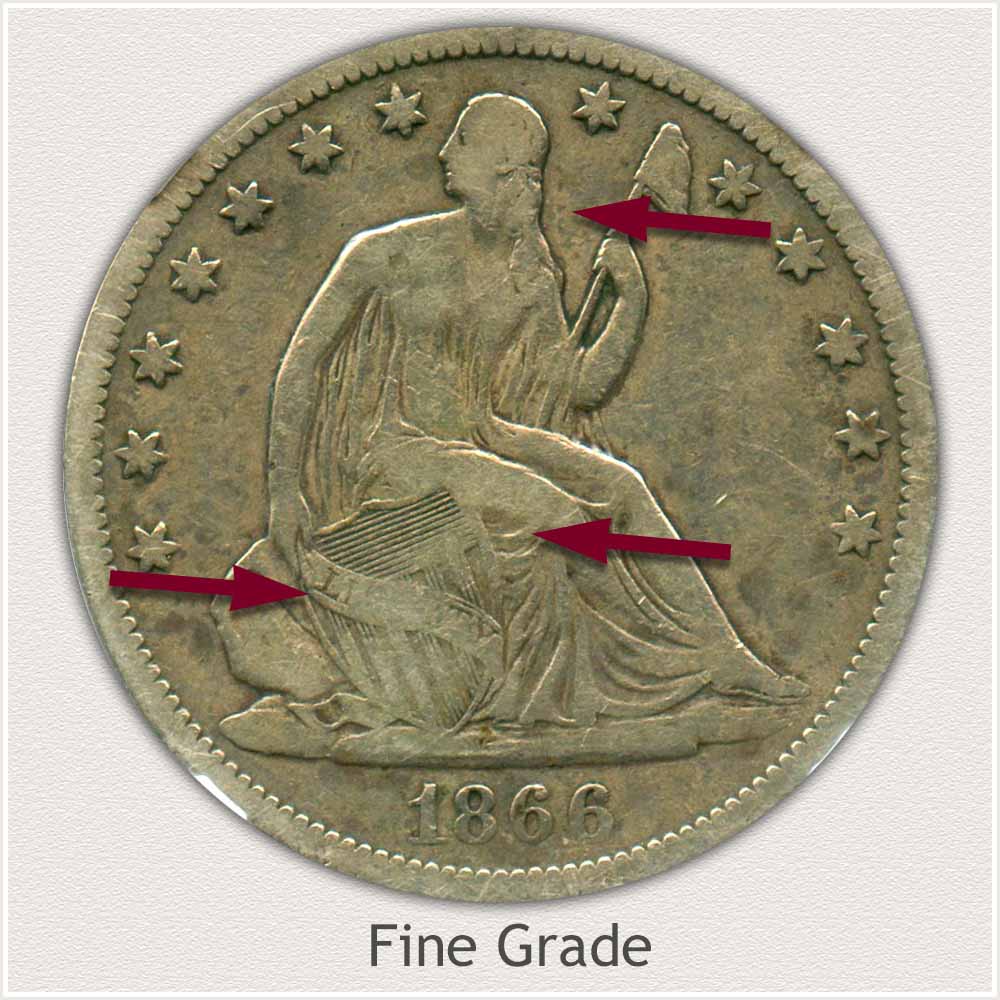 Obverse View: Fine Grade Seated Liberty Half Dollar