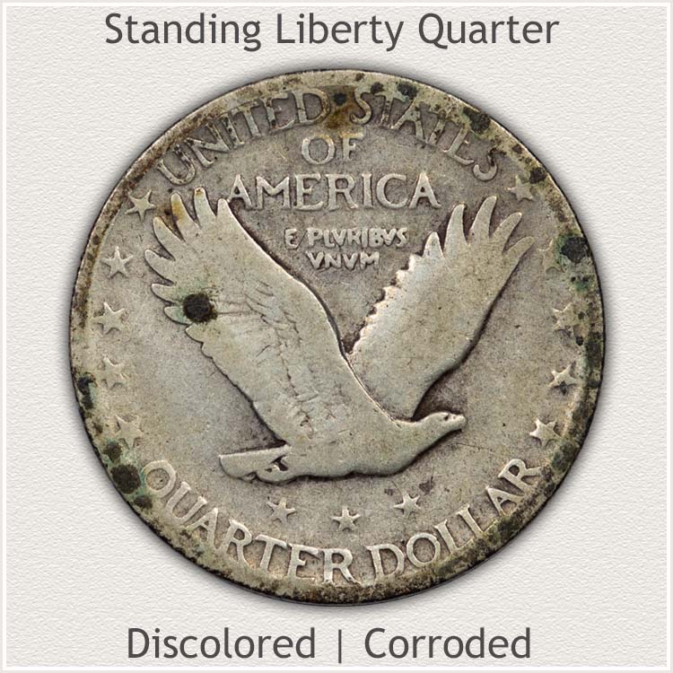 Reverse of Standing Liberty Quarter Showing Corrosion