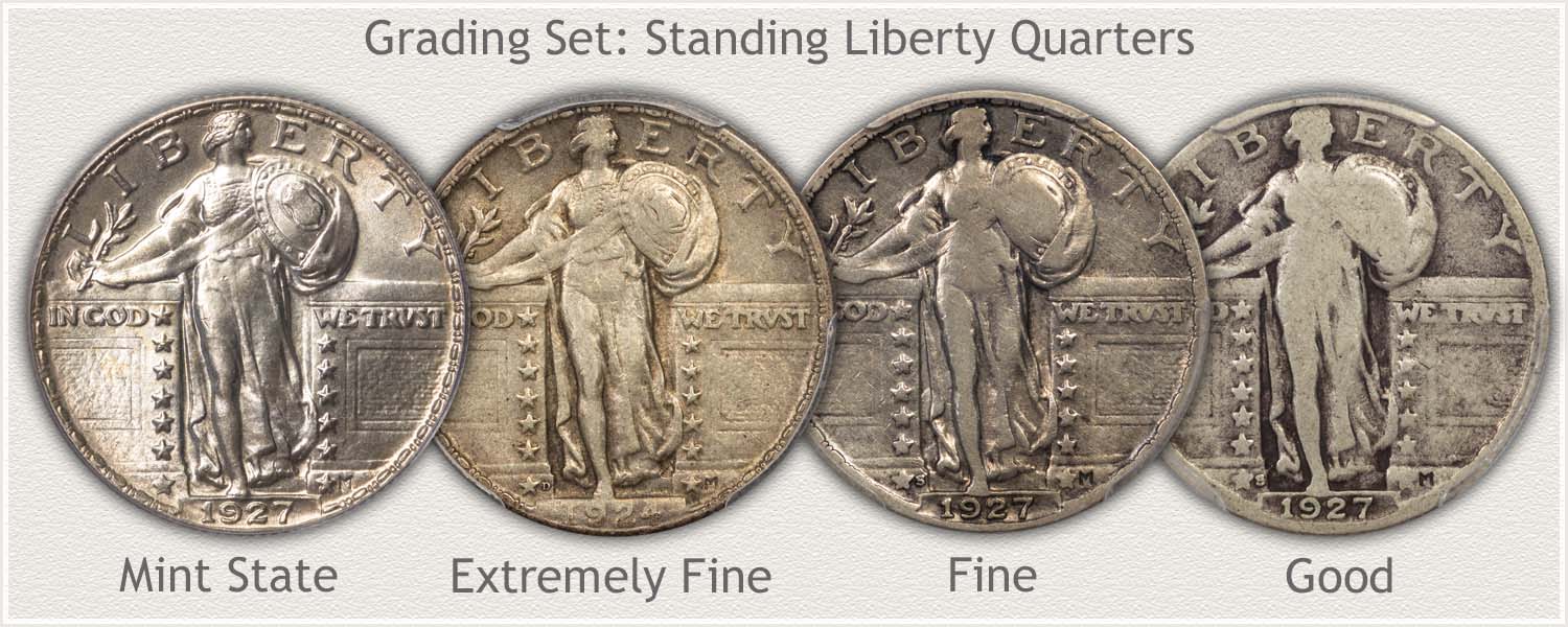 Grading Set: Standing Liberty Quarters in Mint State, Extremely Fine, Fine, and Good Condition