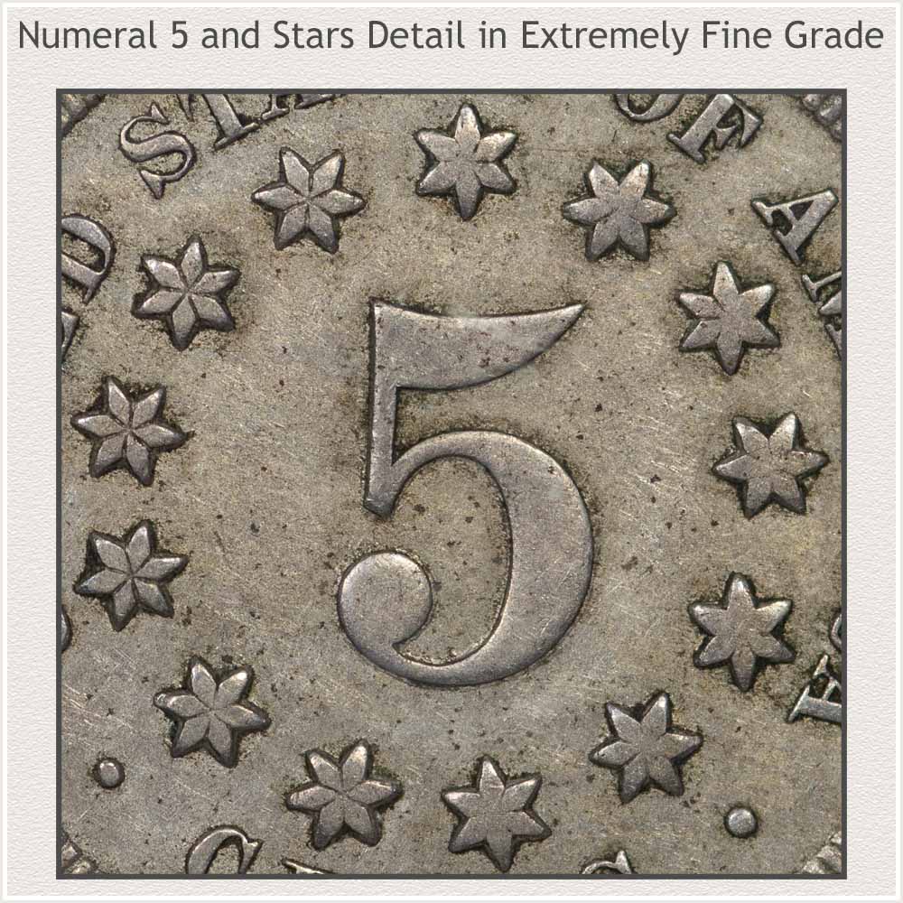 Close-Up of Numeral 5 and Stars in Extremely Fine Grade