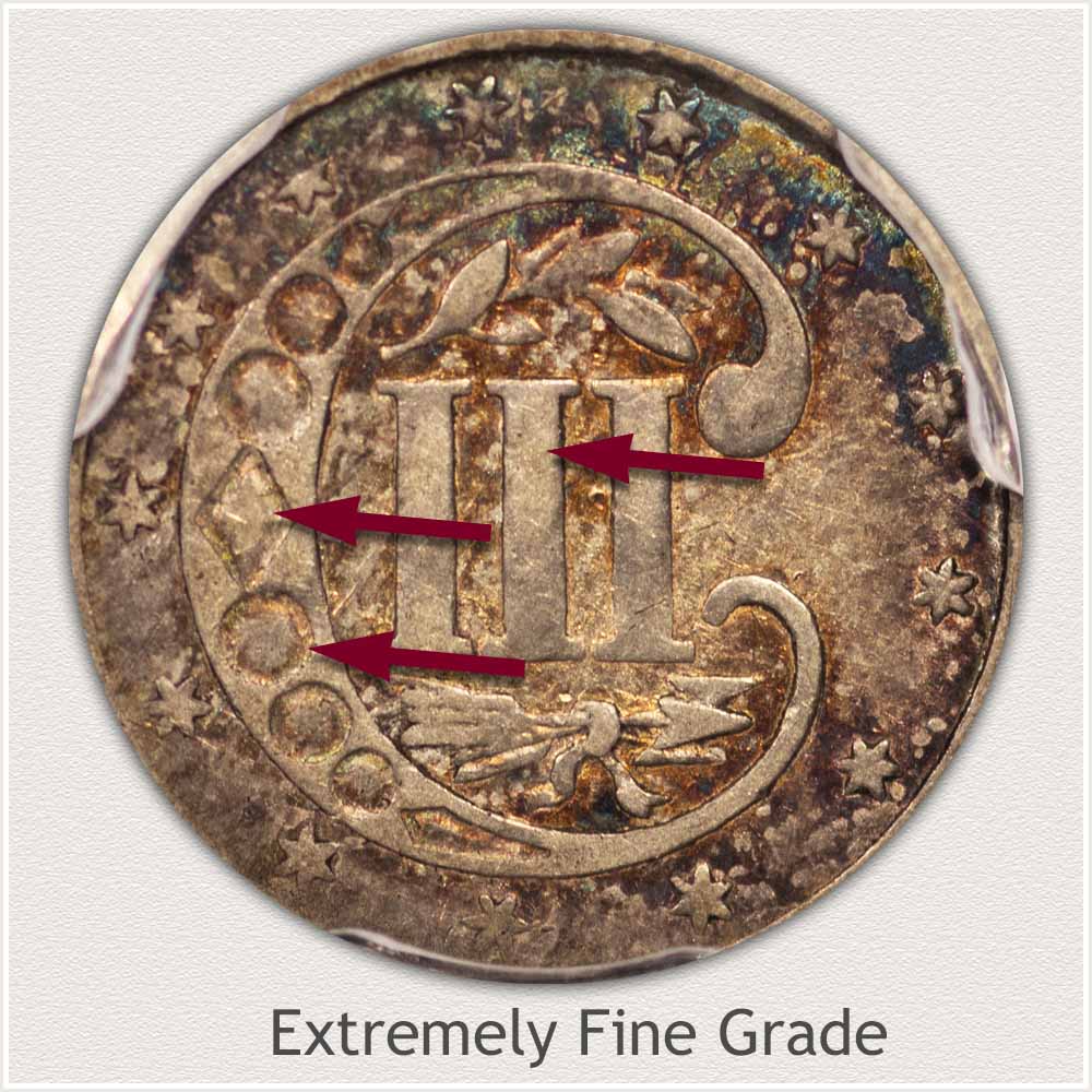 Reverse View: Extremely Fine Grade Three Cent Silver
