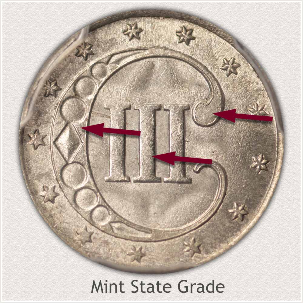 Reverse View: Mint State Grade Three Cent Silver