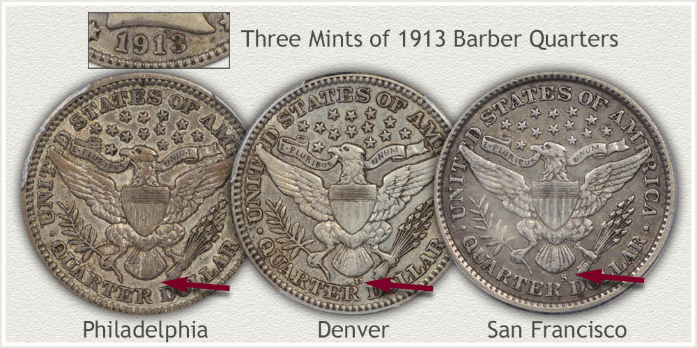 Mintmark Examples of 1913 Barber Quarters