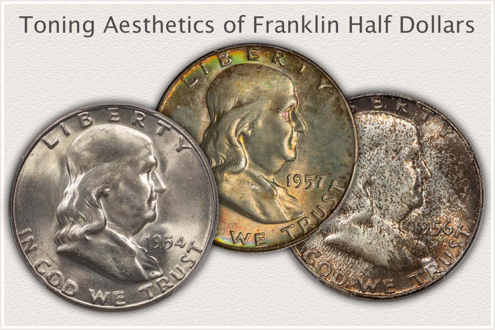 Examples of Brilliant, Toned, and Mottled Toning Franklin Half Dollars