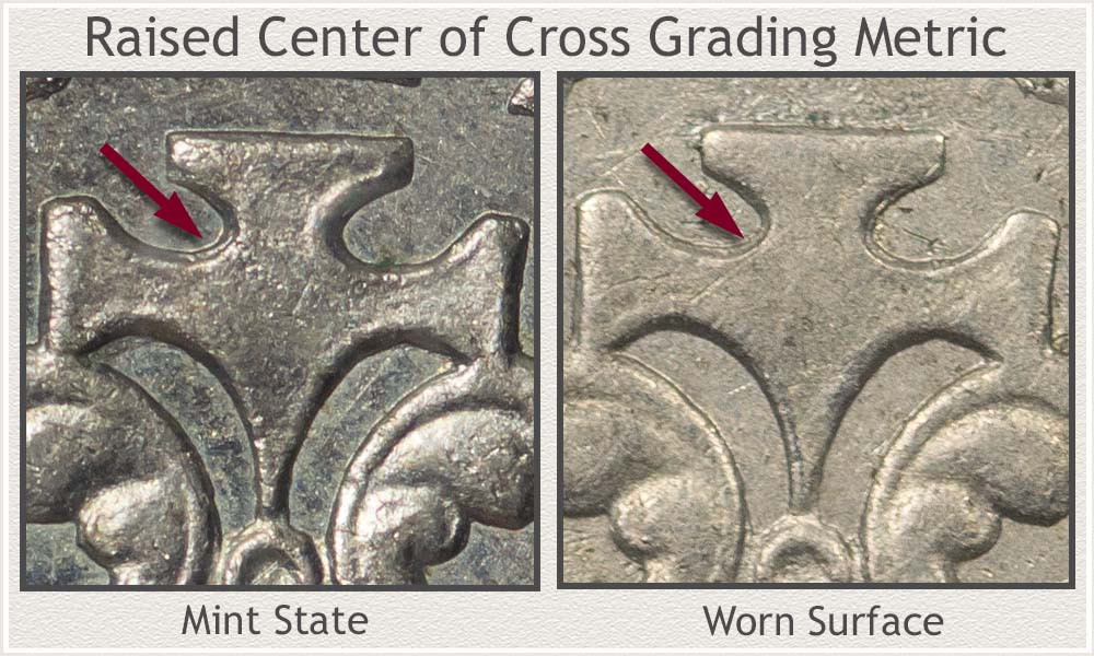 Center of Cross Feature Shown in Mint State and Worn Condition