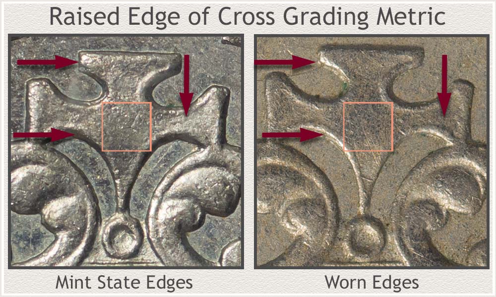 Close Up Raised Edge of Cross both Mint State and Worn