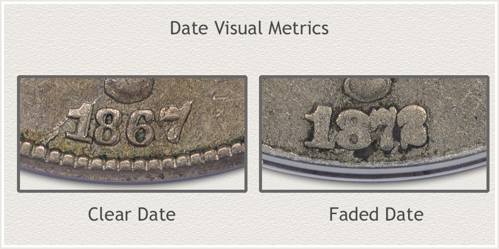 Clear Date Nickel Compared to a Faded Date Nickel
