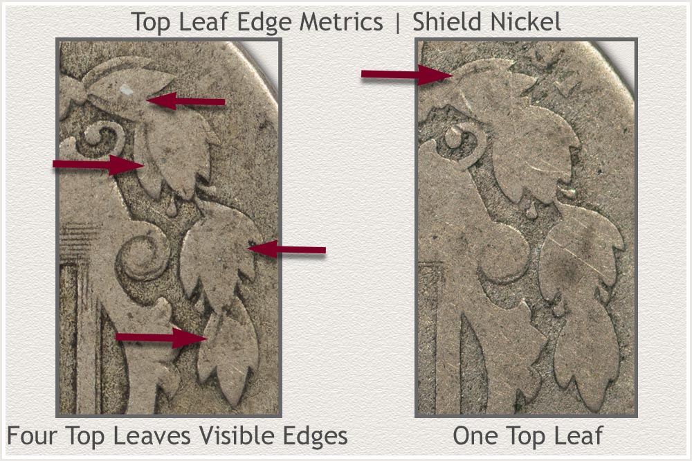 Visual Difference of Top Leaf Edges on a Good Grade Shield Nickel