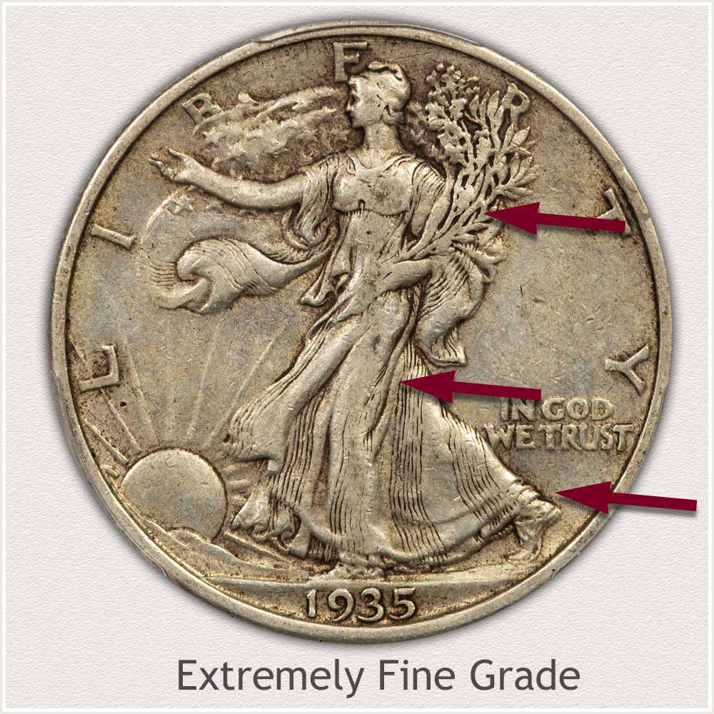 Obverse View: Extremely Fine Grade Walking Liberty Half Dollar