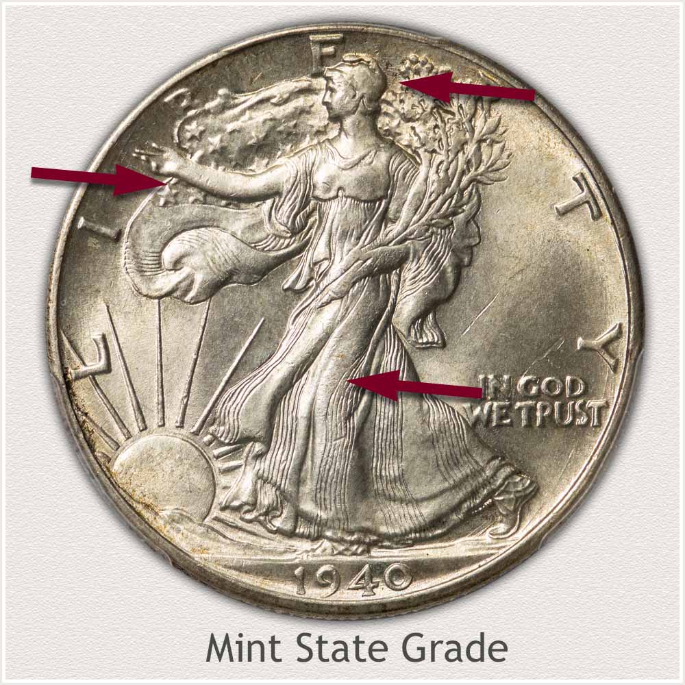 Obverse View: Mint State Grade Walking Liberty Half Dollar