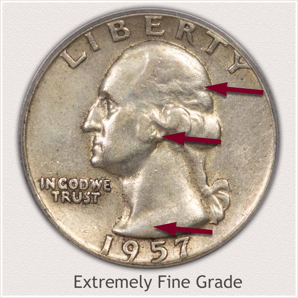Areas to Inspect on the Obverse to Identify a Washington Quarter in Extremely Fine Grade Obverse View: Extremely Fine Grade Washington Quarter