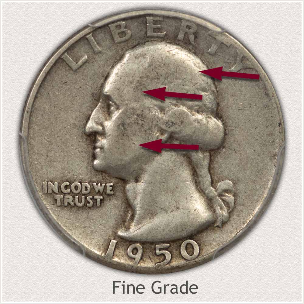 Areas to Inspect on the Obverse to Identify a Washington Quarter in Fine Grade Obverse View: Fine Grade Washington Quarter