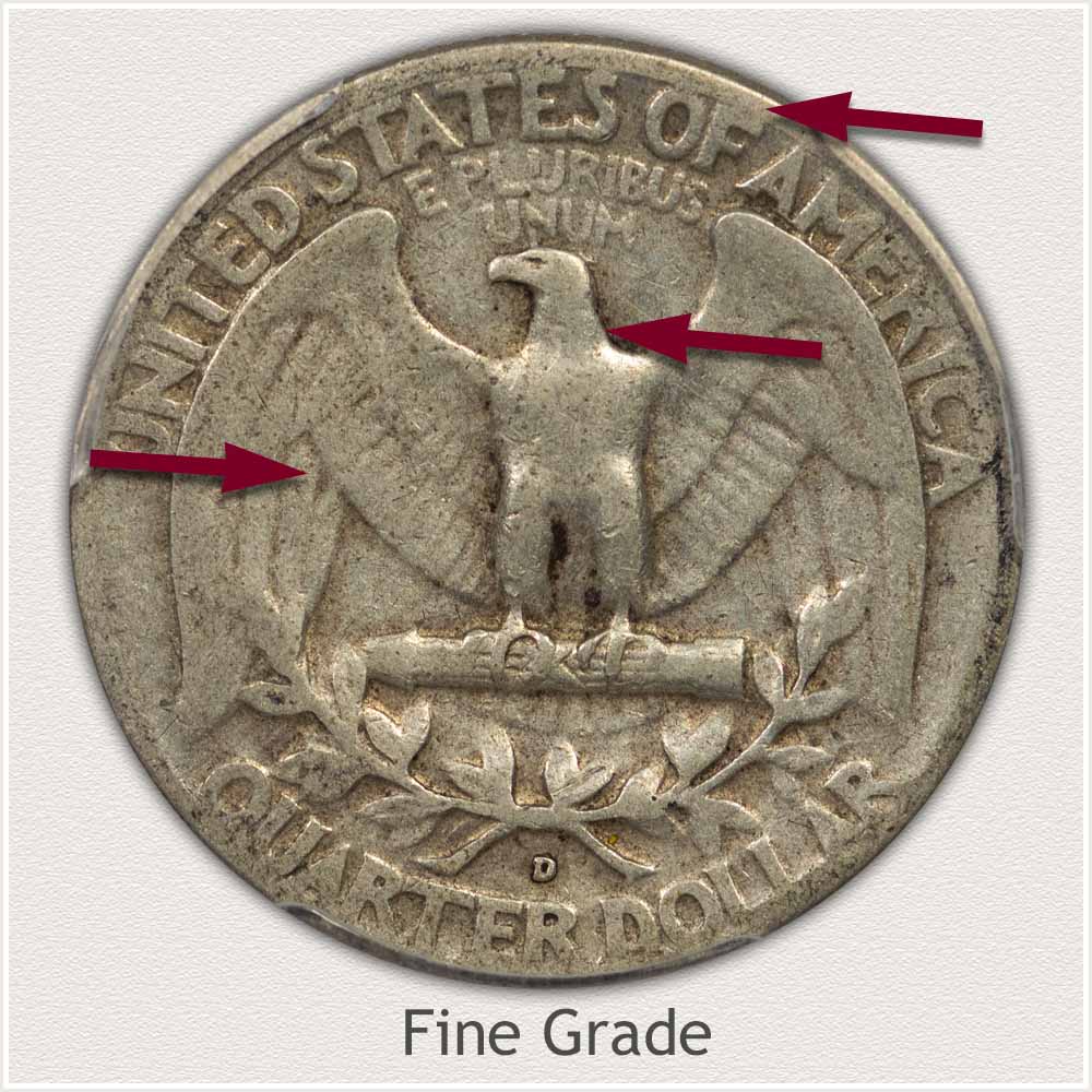 Areas to Inspect on the Reverse to Identify a Washington Quarter in Fine Grade Reverse View: Fine Grade Washington Quarter
