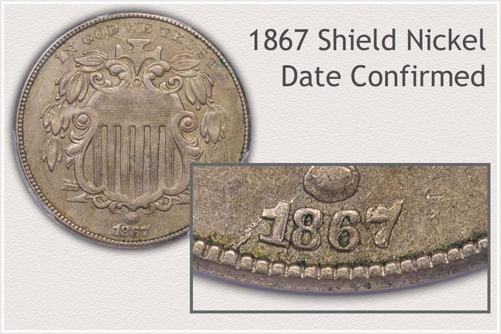 Full View of a Shield Nickel Pointing to Date Location and Close-Up View of the 1867 Date Nickel