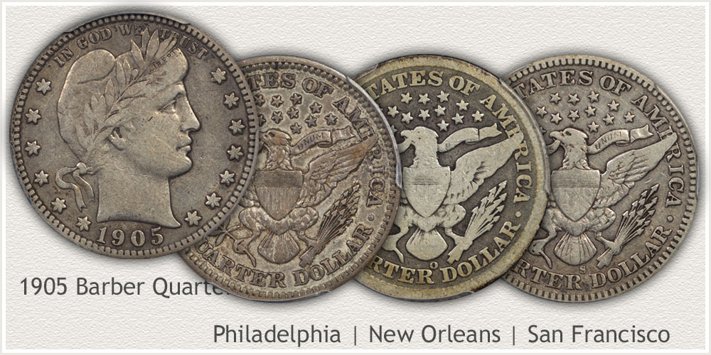 Three Mints of 1905 Quarters
