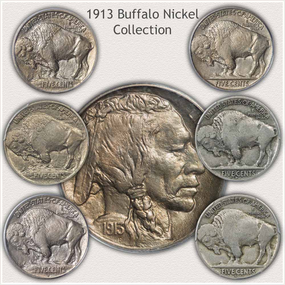 Six Varieties of the 1913 Buffalo Nickel