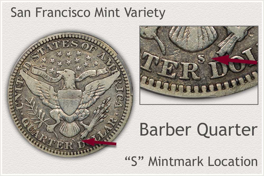 S Mintmark 1915 Barber Quarter