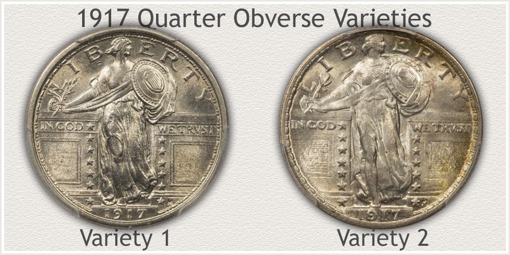 Obverse of 1917 Type 1 and Type 2 Standing Liberty Quarters