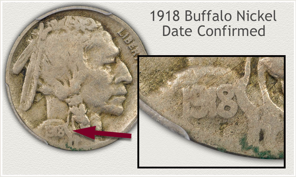 Date Location and Close View of a 1918 Buffalo Nickel
