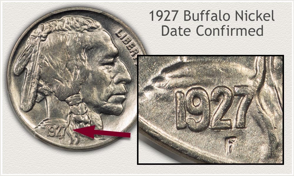 Close Up of a 1927 Buffalo Nickel Date and Location