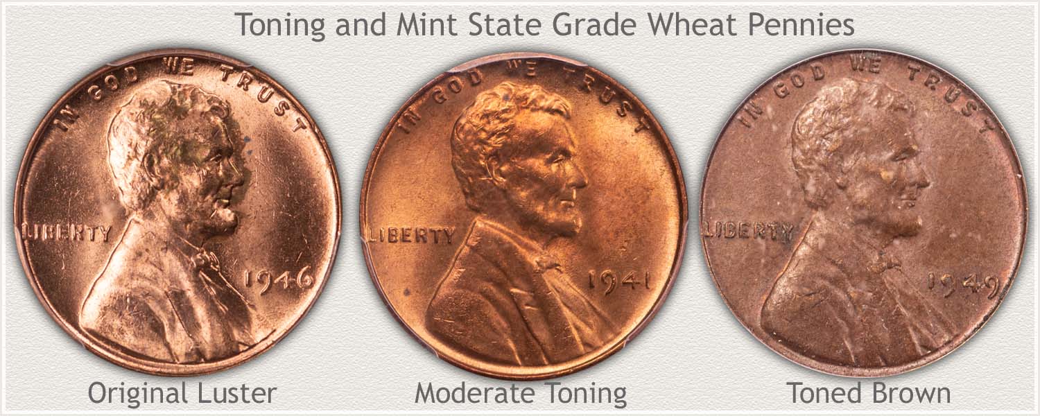 Three Wheat Cents: Untoned | Moderate Toning | Toned Brown