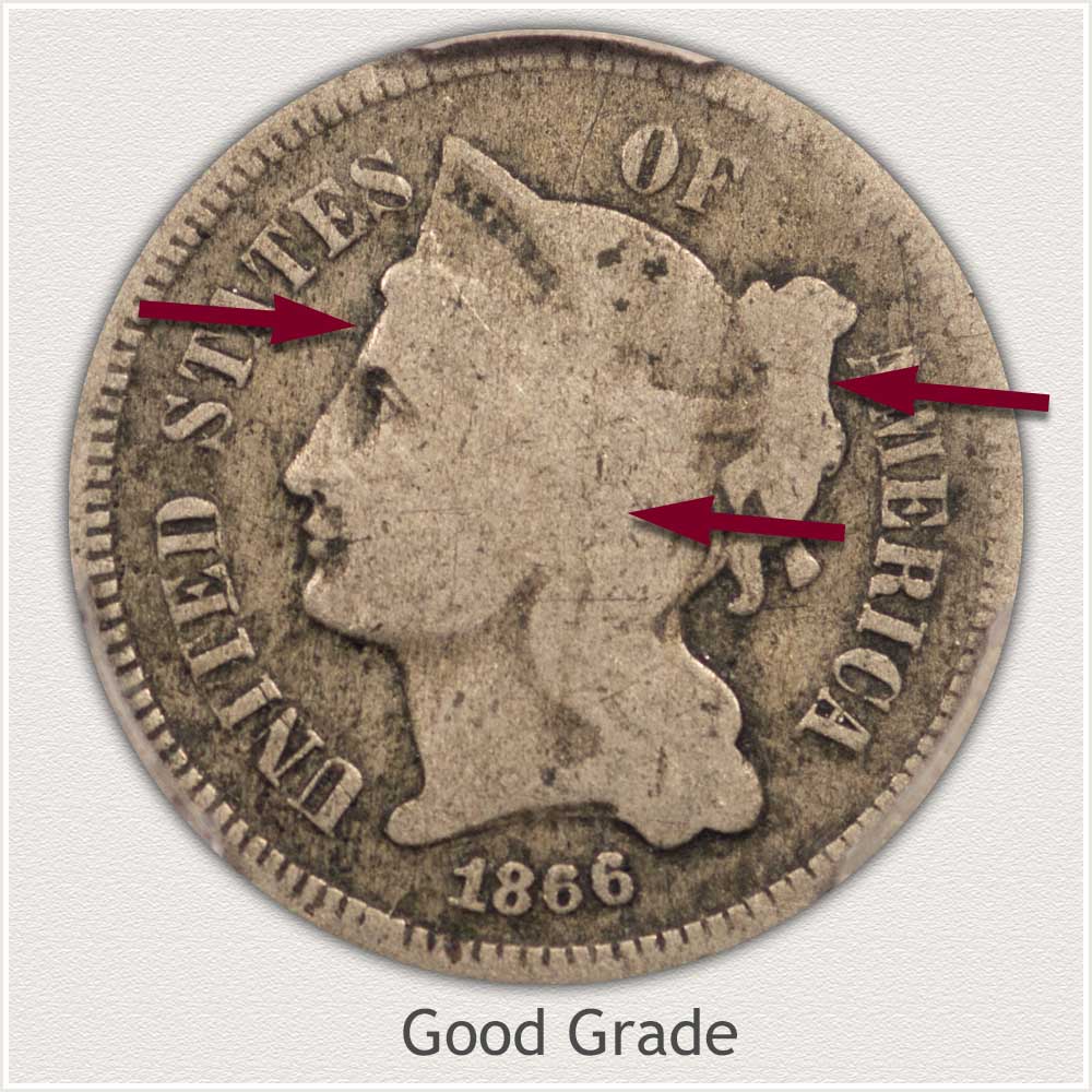Obverse View: Good Grade Three Cent Nickel