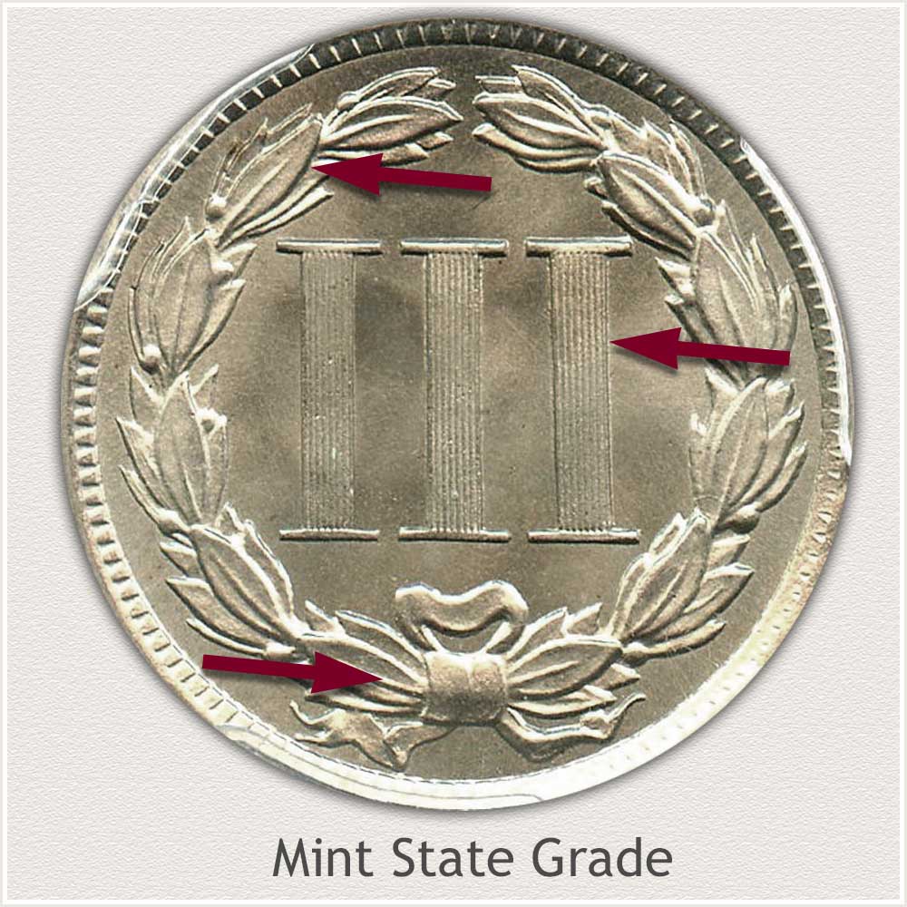 Reverse View: Mint State Grade Three Cent Nickel