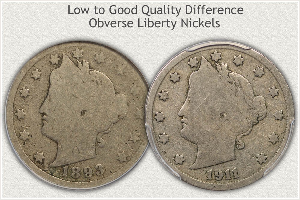 Obverse of a Good Quality Nickel Compared to Low Quality Example