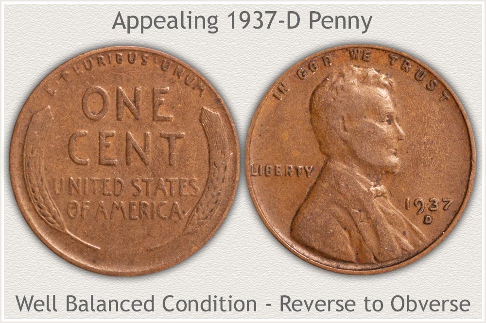 1937-D Penny Balanced Condition Obverse to Reverse