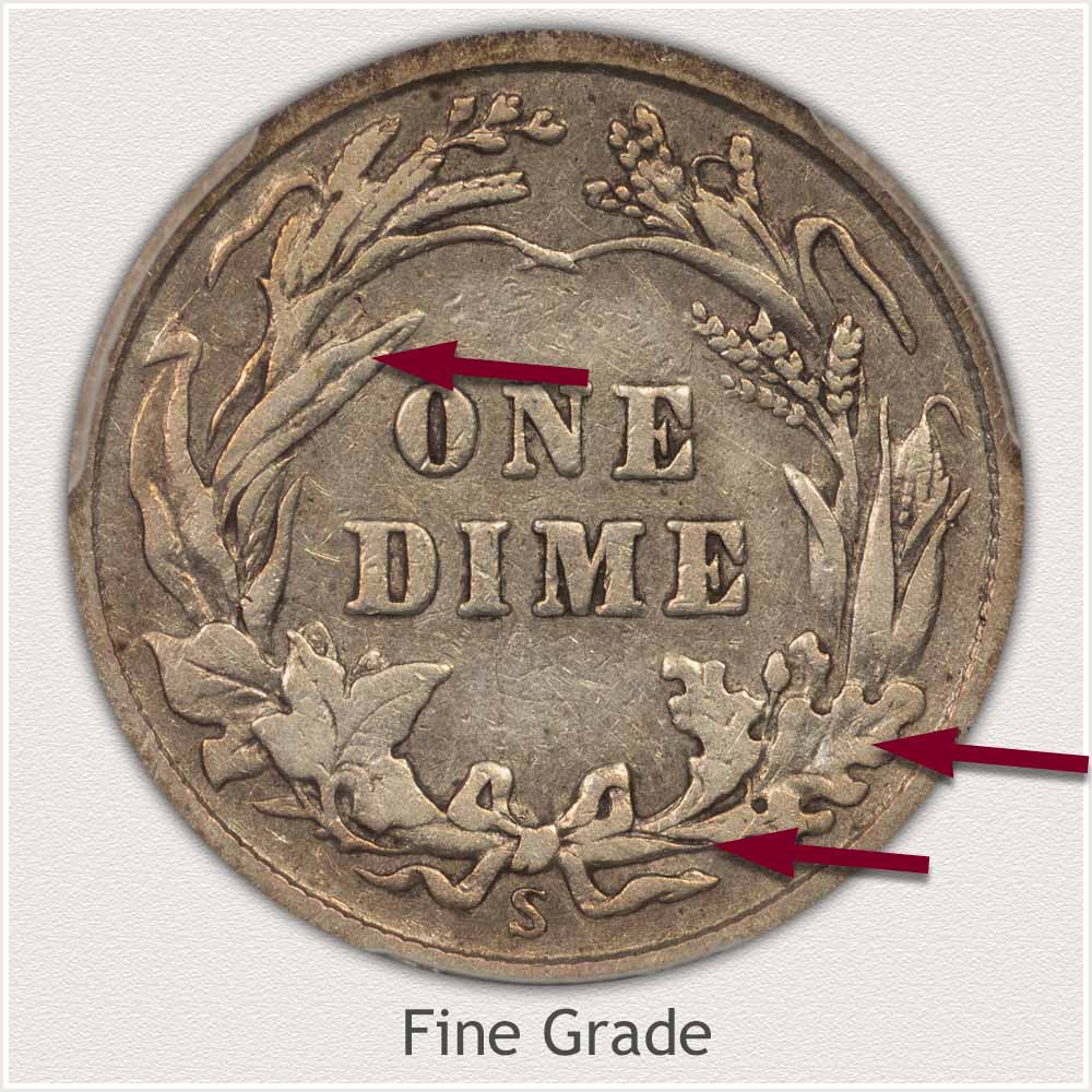 Reverse View: Fine Grade Barber Dime